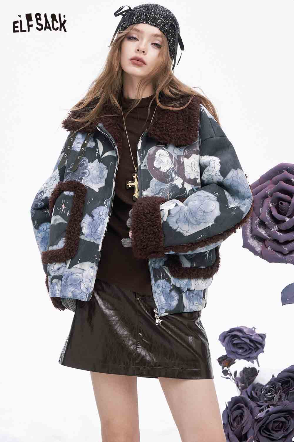ELFSACK floral graphic lapel coat for women with soft fur collar and vibrant floral design