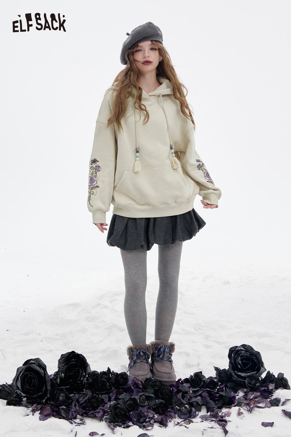 Women's ELFSACK floral graphic tassel hoodie featuring unique tassel details and floral designs