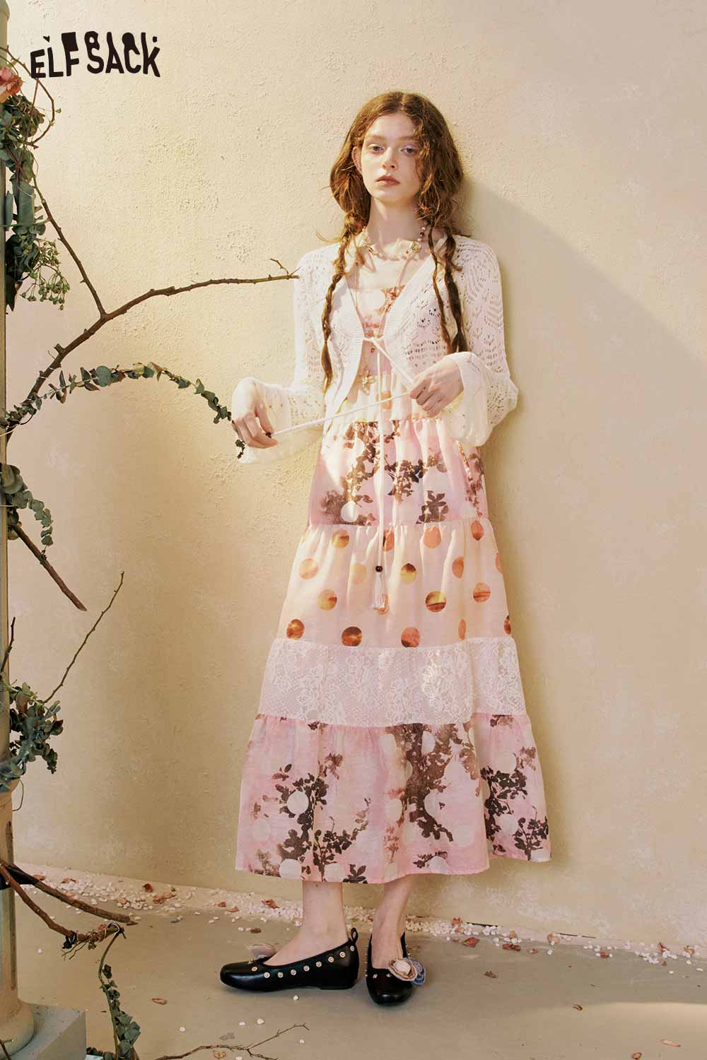 Floral Patchwork Tiered Maxi Slip Dress pink / S