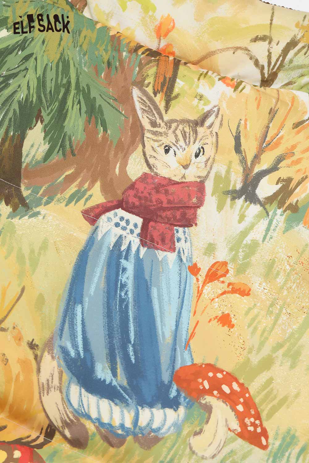 ELFSACK forest animal graphic down jacket featuring a whimsical cat in a colorful landscape