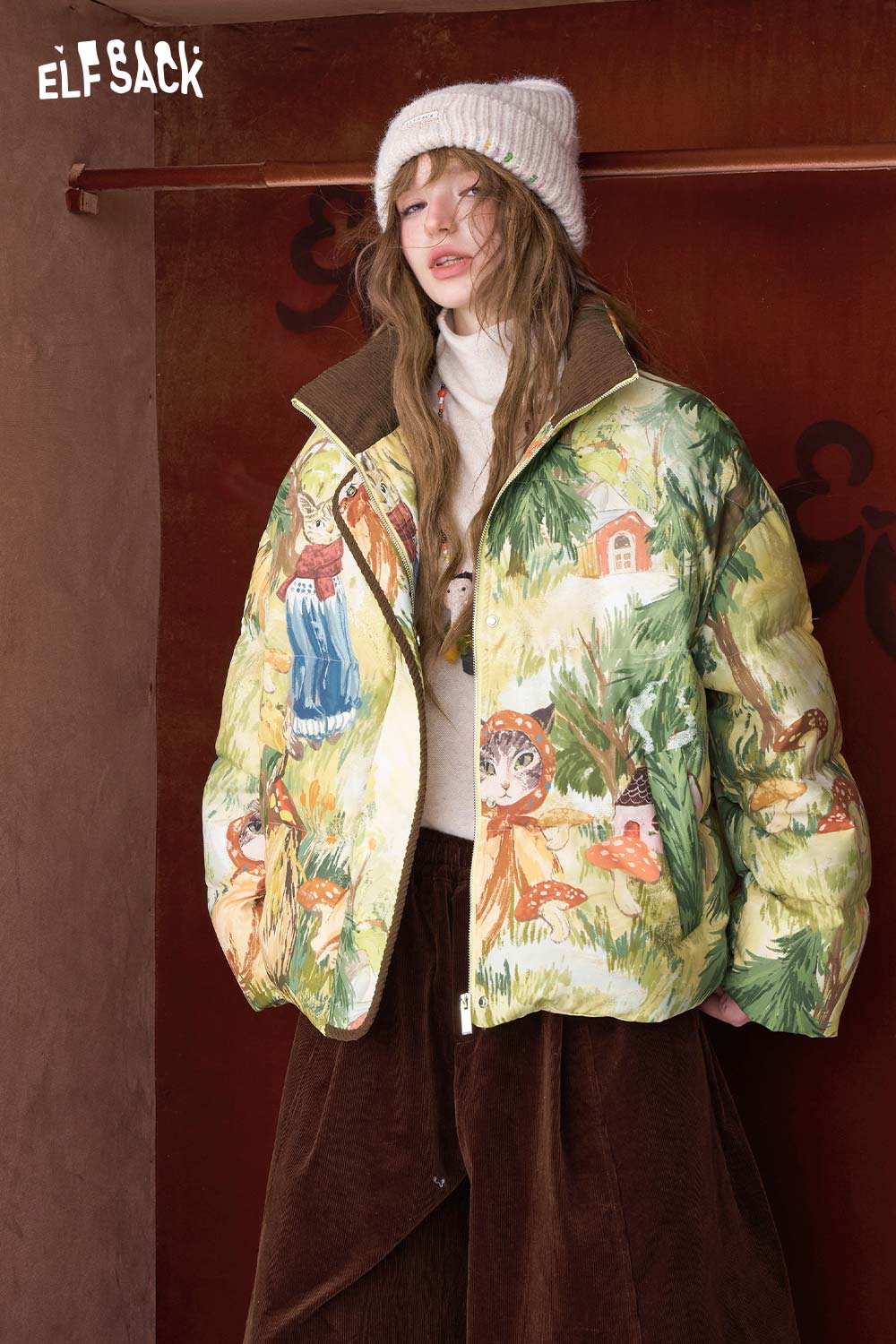 ELFSACK forest animal graphic down jacket with colorful illustrations of woodland creatures and nature