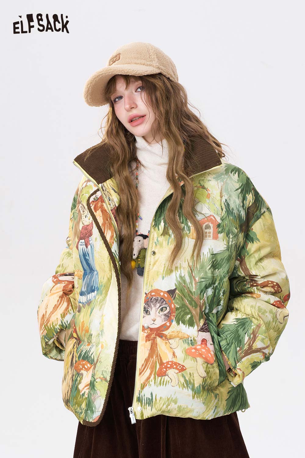 ELFSACK forest animal graphic down jacket featuring vibrant woodland scenes and cozy design