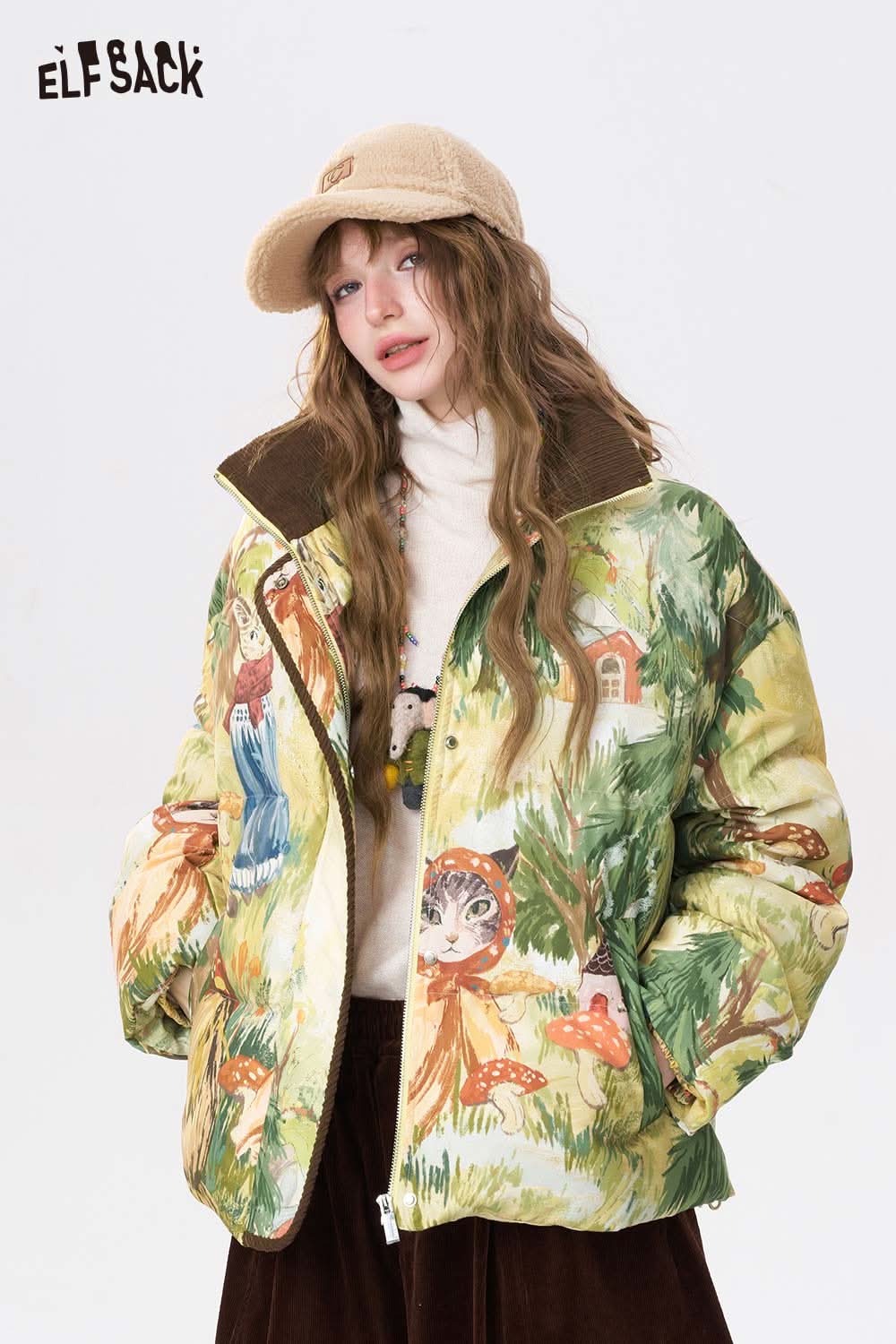 ELFSACK forest animal graphic down jacket featuring vibrant woodland scenes and cozy design