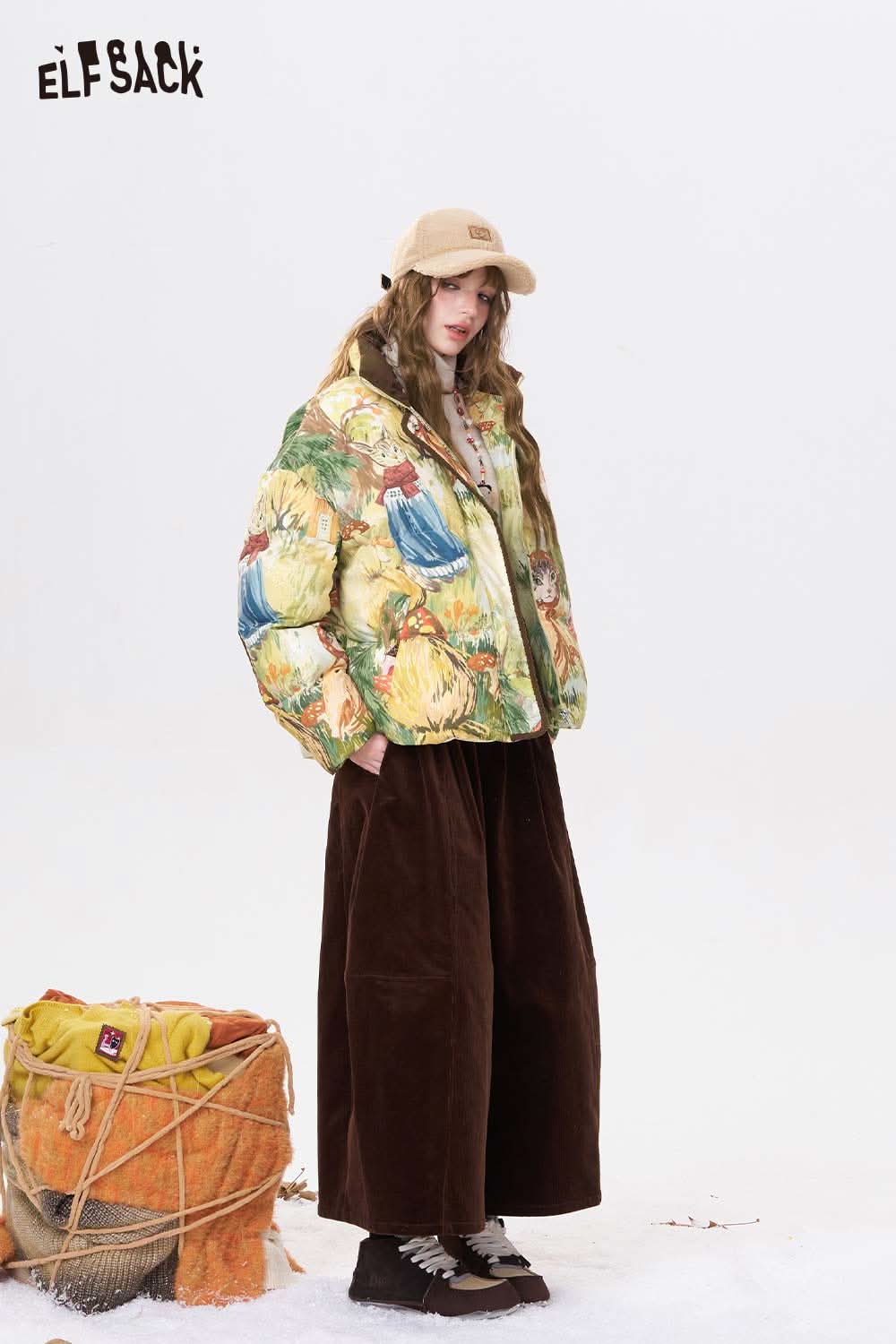 ELFSACK forest animal graphic down jacket featuring a colorful floral design and cozy fit