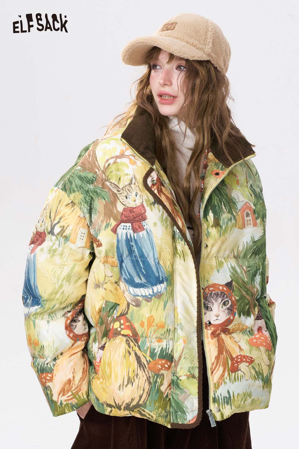ELFSACK forest animal graphic down jacket featuring colorful illustrations of woodland animals and nature.