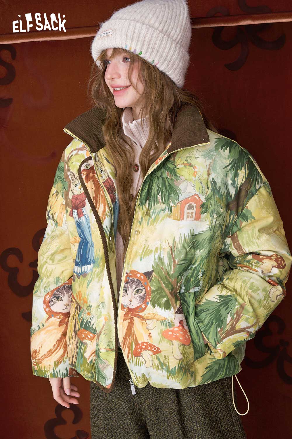 ELFSACK forest animal graphic down jacket with colorful woodland prints and cozy design for stylish warmth