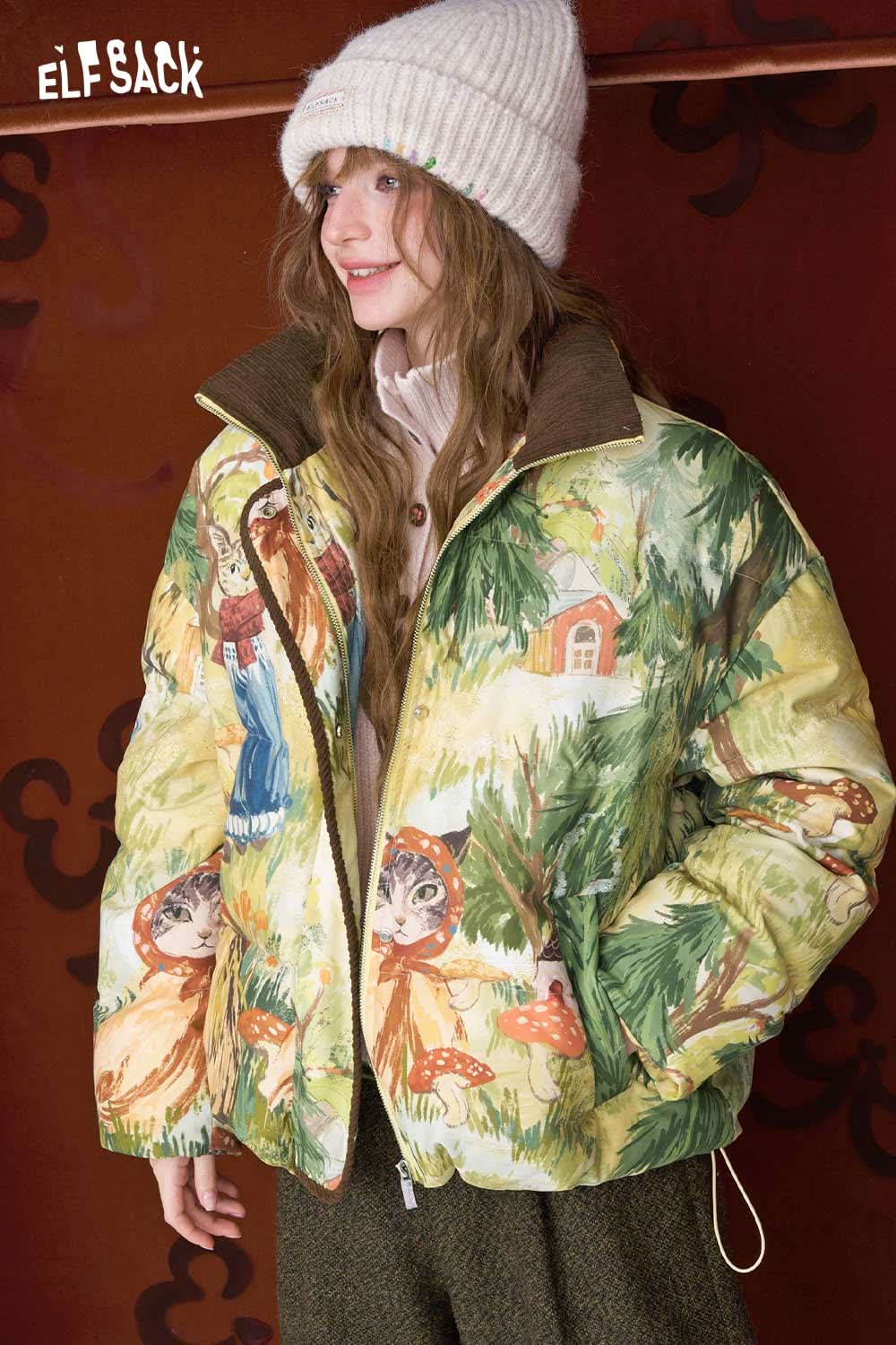ELFSACK forest animal graphic down jacket with colorful woodland prints and cozy design for stylish warmth