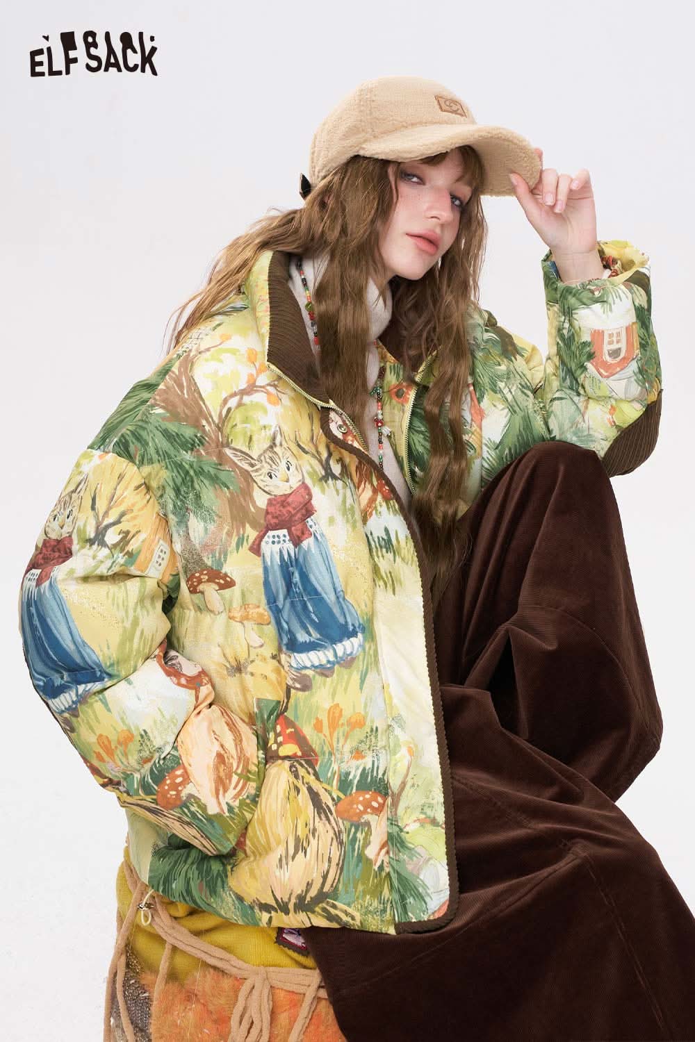 ELFSACK forest animal graphic down jacket featuring vibrant nature-inspired artwork and cozy design