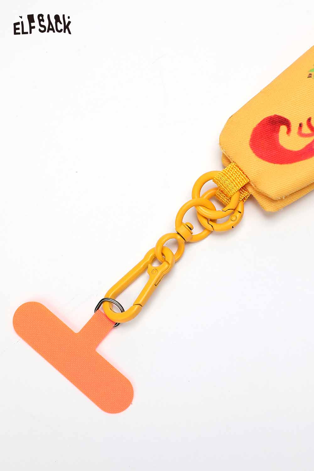 ELFSACK Fox character phone strap in vibrant yellow with a secure clip for easy attachment