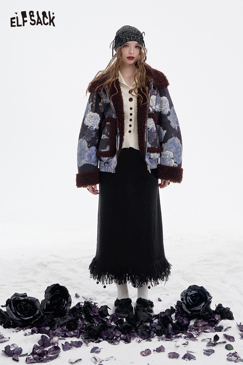 ELFSACK fringe hem long skirt styled with a floral print jacket and accessories