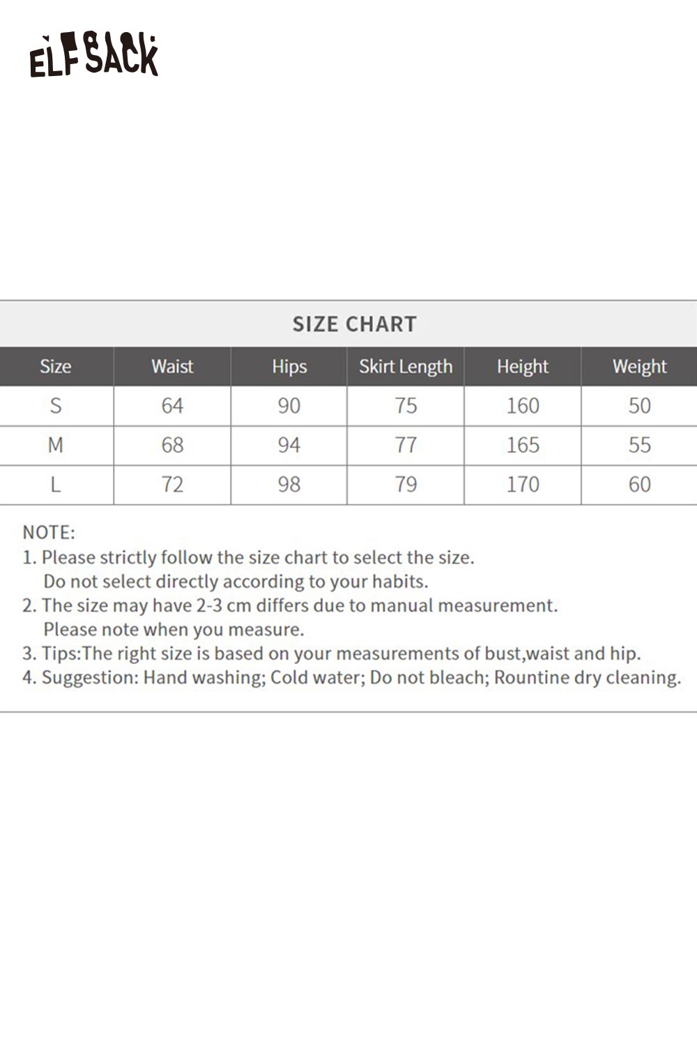 ELFSACK fringe hem long skirt size chart with measurements for waist, hips, length, height, and weight
