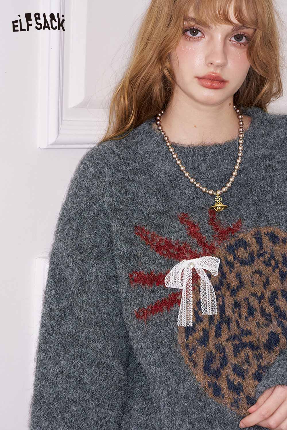 Gray ELFSACK fruit graphic sweater for women with leopard print and bow detail
