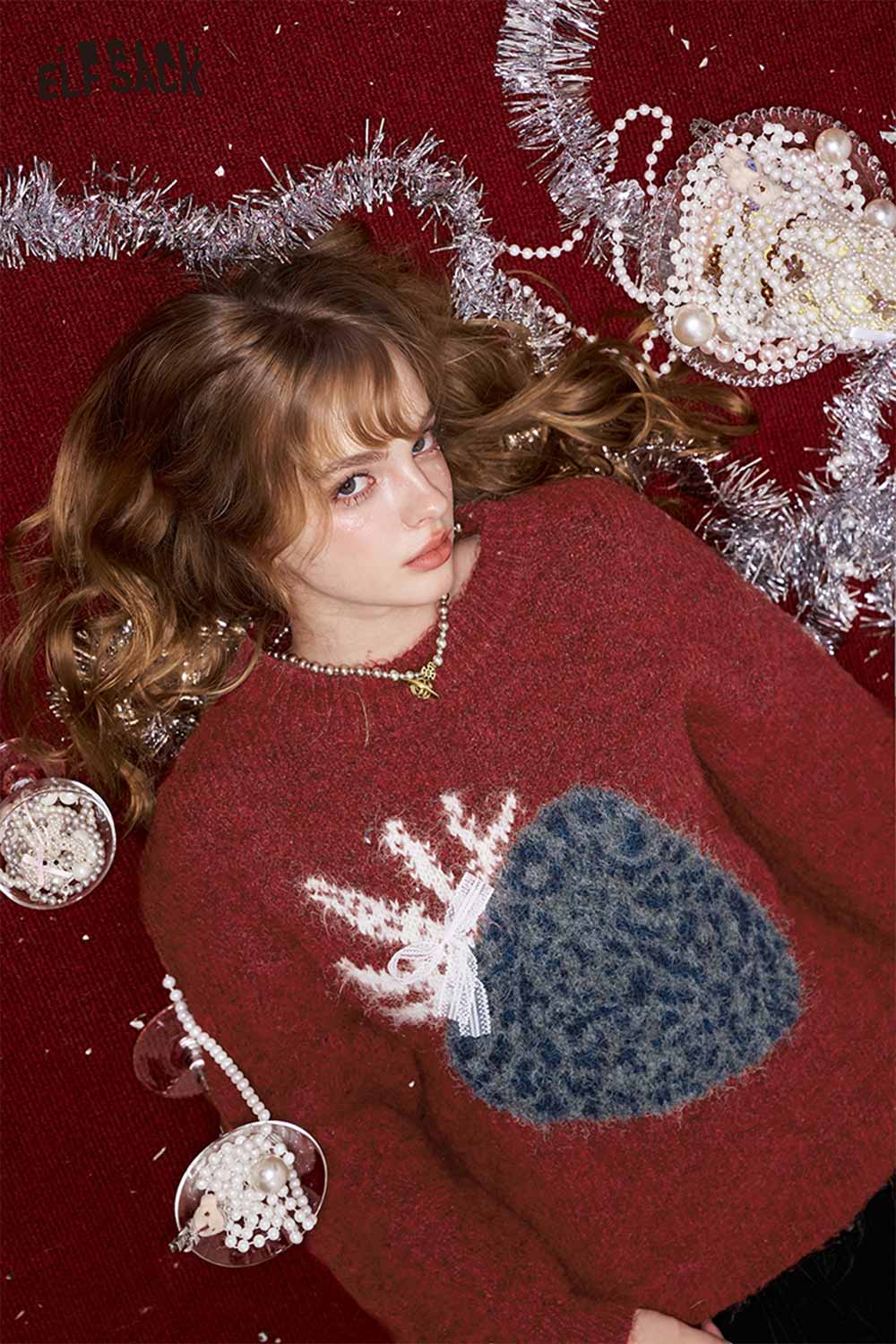 ELFSACK fruit graphic sweater for women in red with unique design and cozy fit, perfect for winter fashion