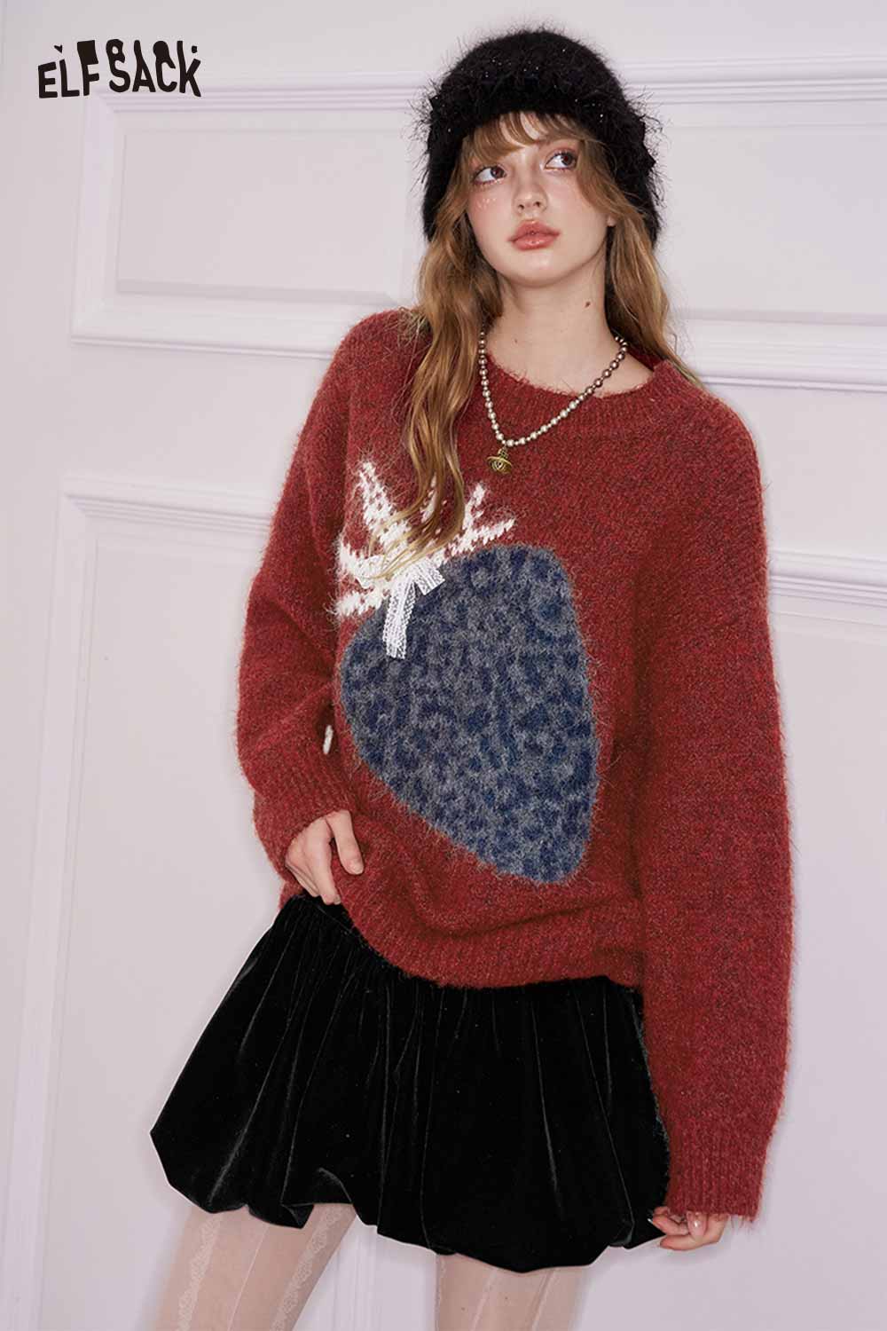 ELFSACK fruit graphic sweater for women in red with a stylish design and cozy fit