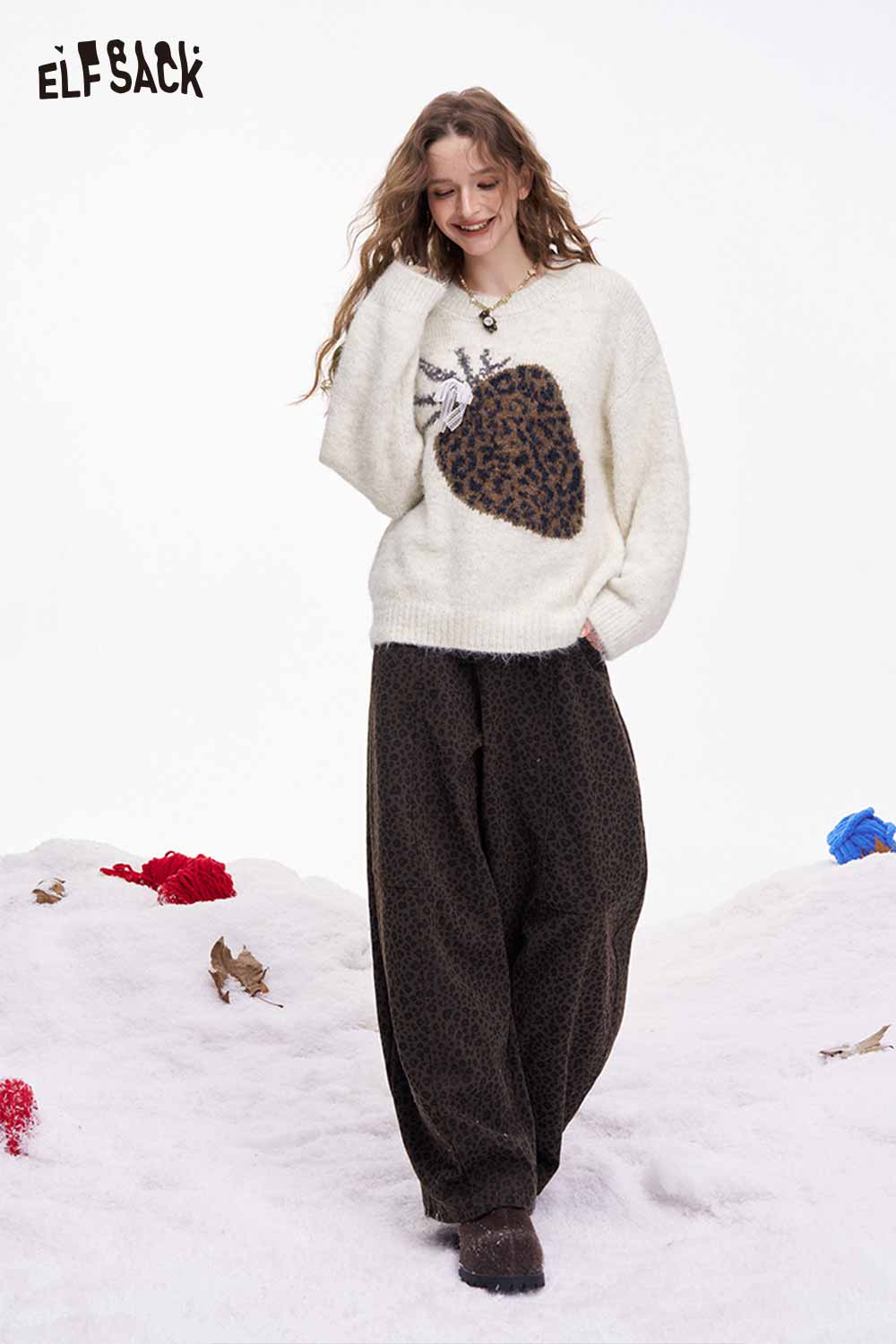 ELFSACK fruit graphic sweater for women featuring a cozy design with a strawberry and leopard print.