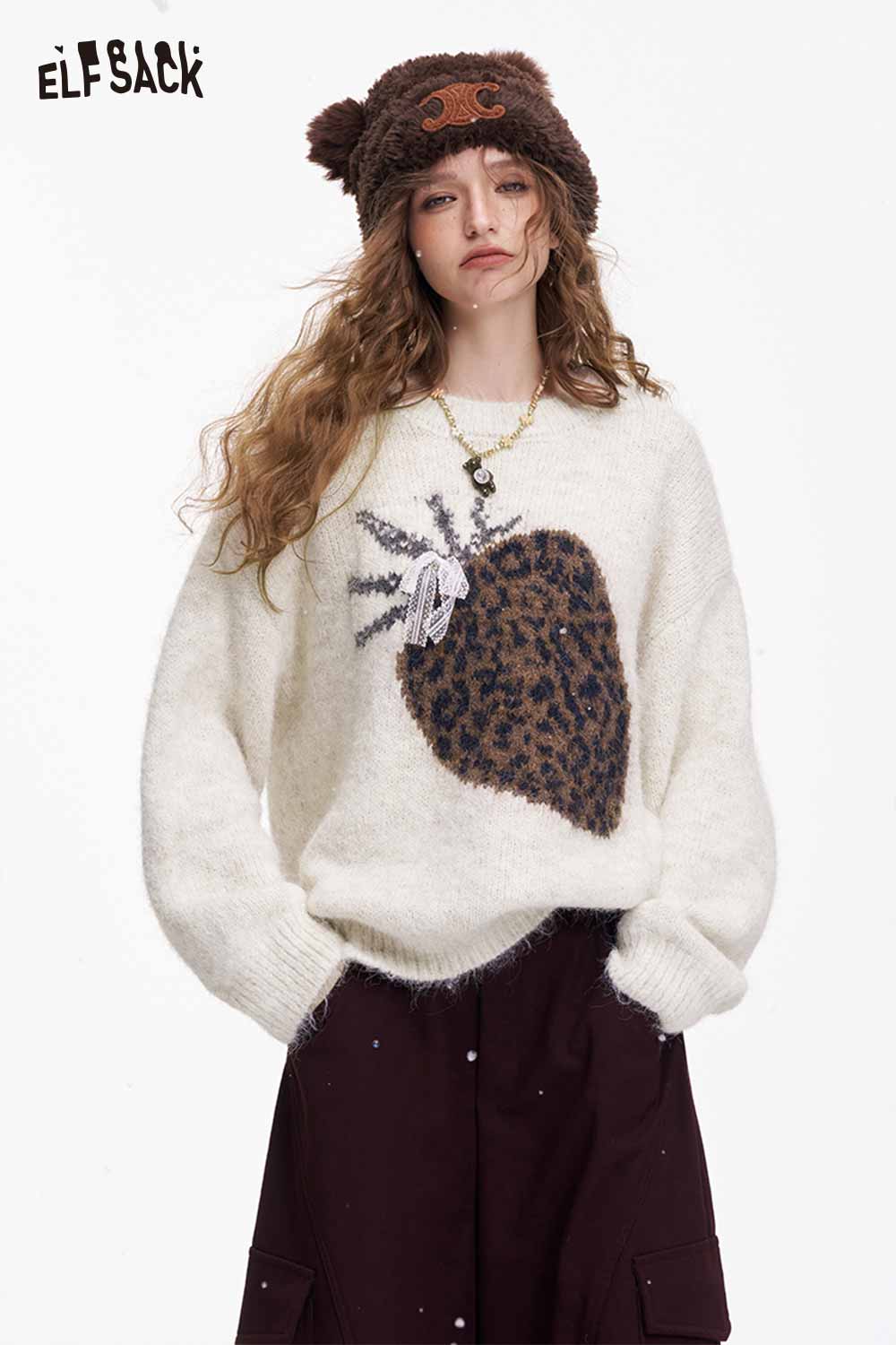 ELFSACK fruit graphic sweater for women featuring a playful leopard print and soft fluffy texture