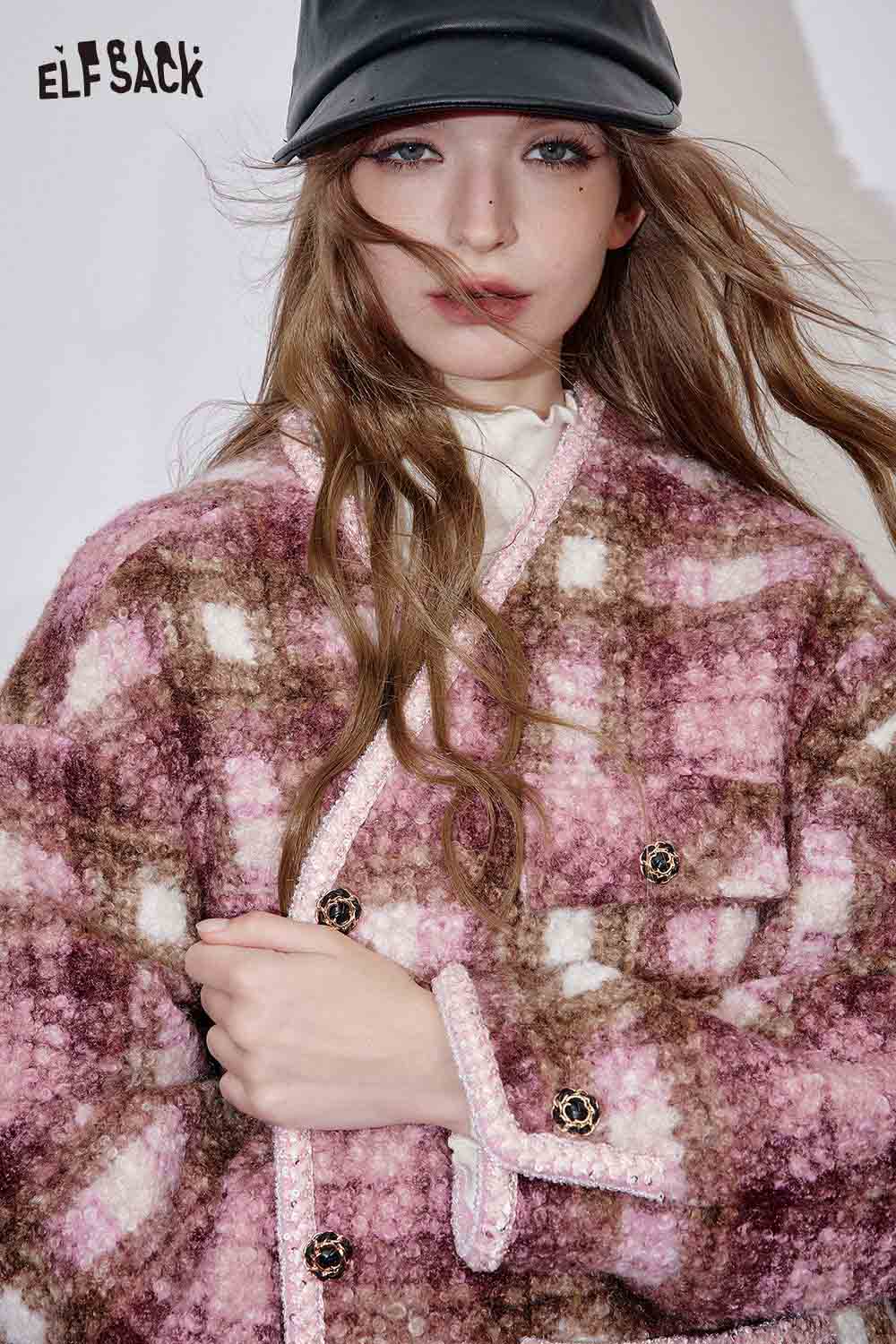 ELFSACK fuzzy plaid coat for women in pink and brown, featuring stylish buttons and a cozy design