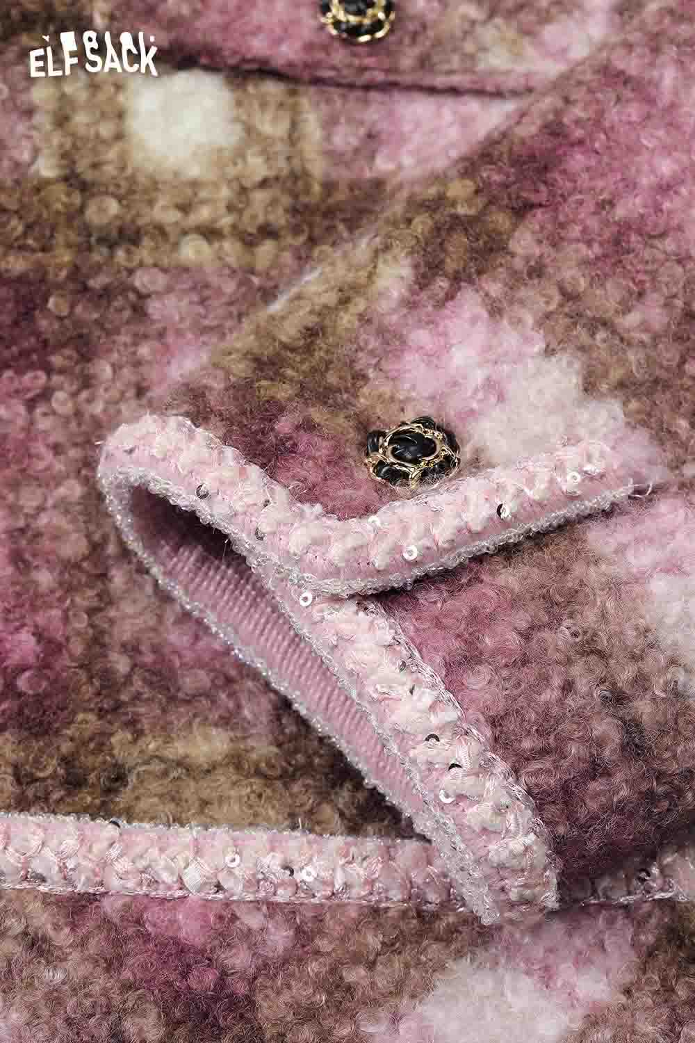 Close-up of ELFSACK fuzzy plaid coat for women showing soft texture and detailed stitching