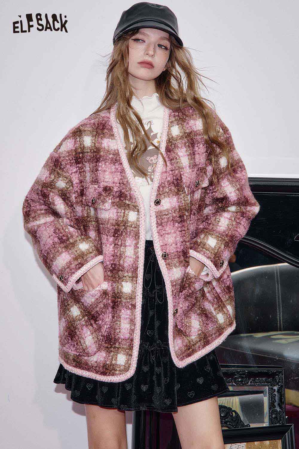 ELFSACK fuzzy plaid coat for women in pink hues, featuring a relaxed fit and soft texture, perfect for stylish layering