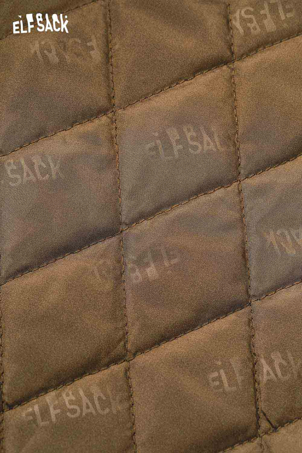 ELFSACK fuzzy plaid coat for women in a warm brown color with quilted design details