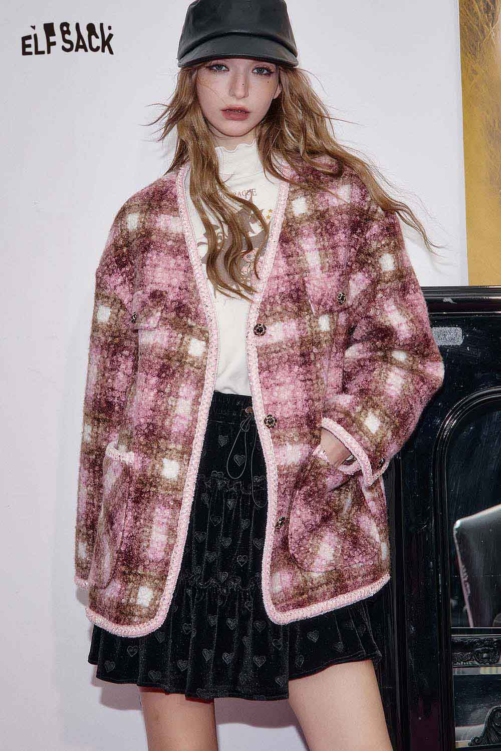 ELFSACK fuzzy plaid coat for women in pink and brown with a relaxed fit and pockets