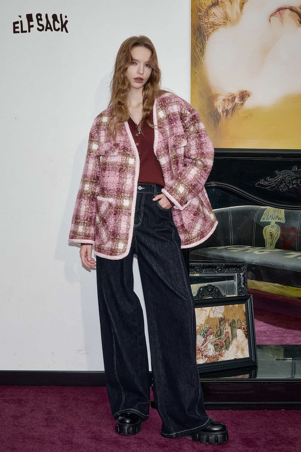 Fuzzy plaid coat for women by ELFSACK featuring a stylish design in pink tones and soft fabric.