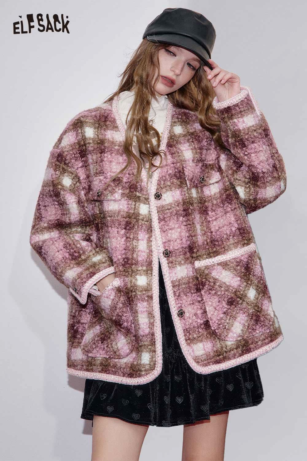 ELFSACK fuzzy plaid coat for women in pink and brown with cozy pockets and button closure