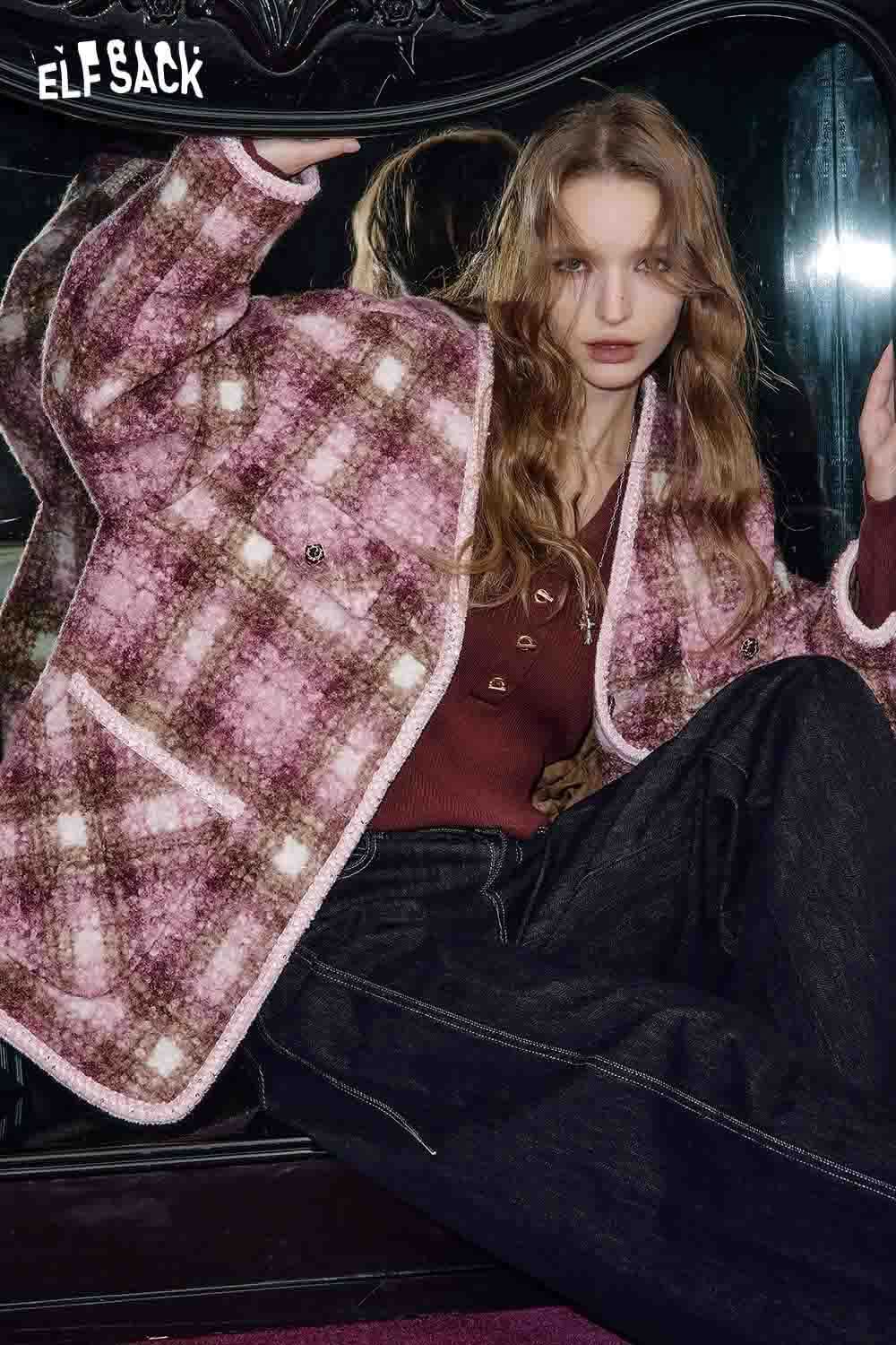 ELFSACK fuzzy plaid coat for women in pink with oversized fit and cozy design, perfect for stylish warmth