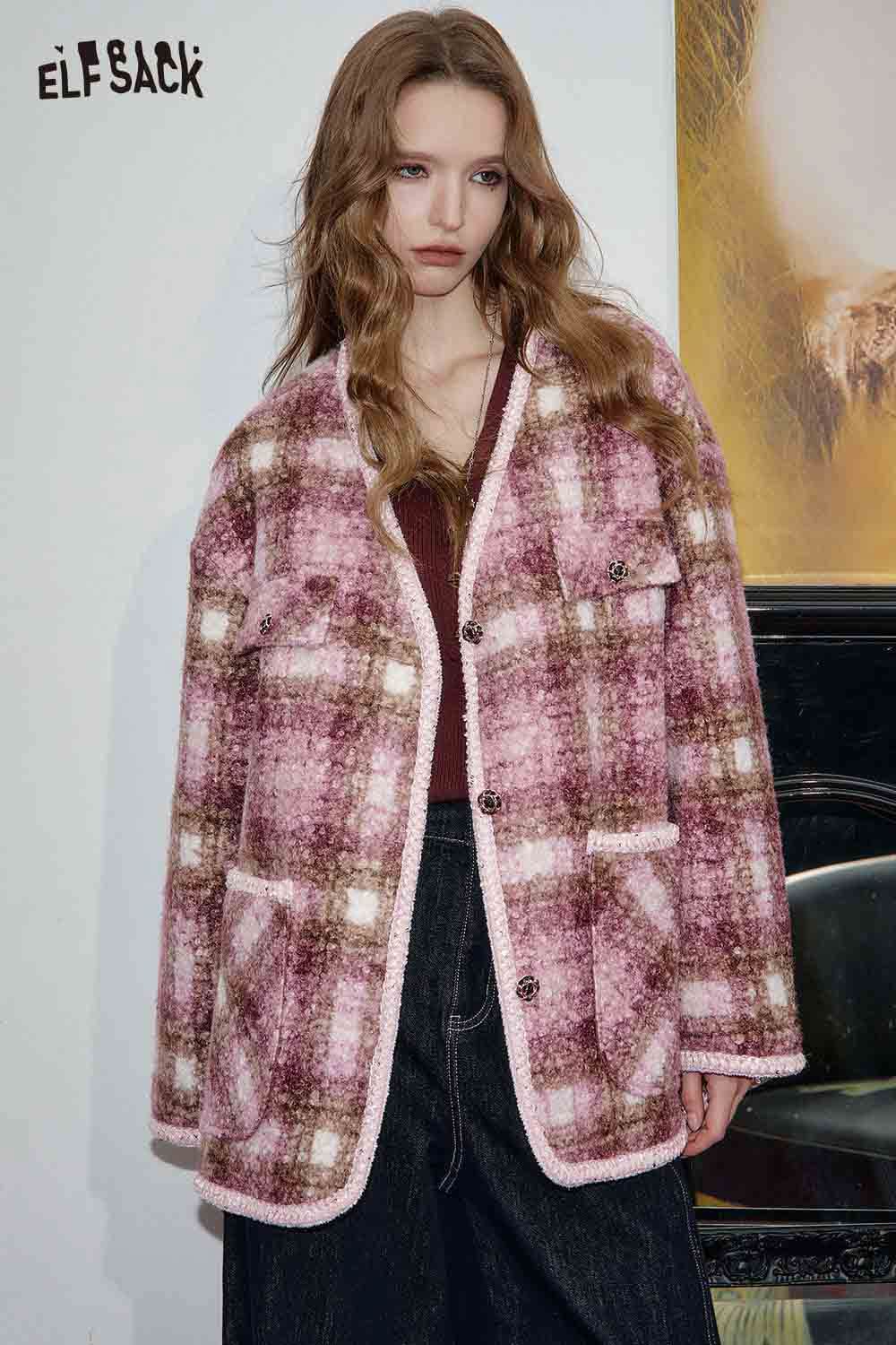ELFSACK fuzzy plaid coat for women in pink and brown with front pockets and a relaxed fit