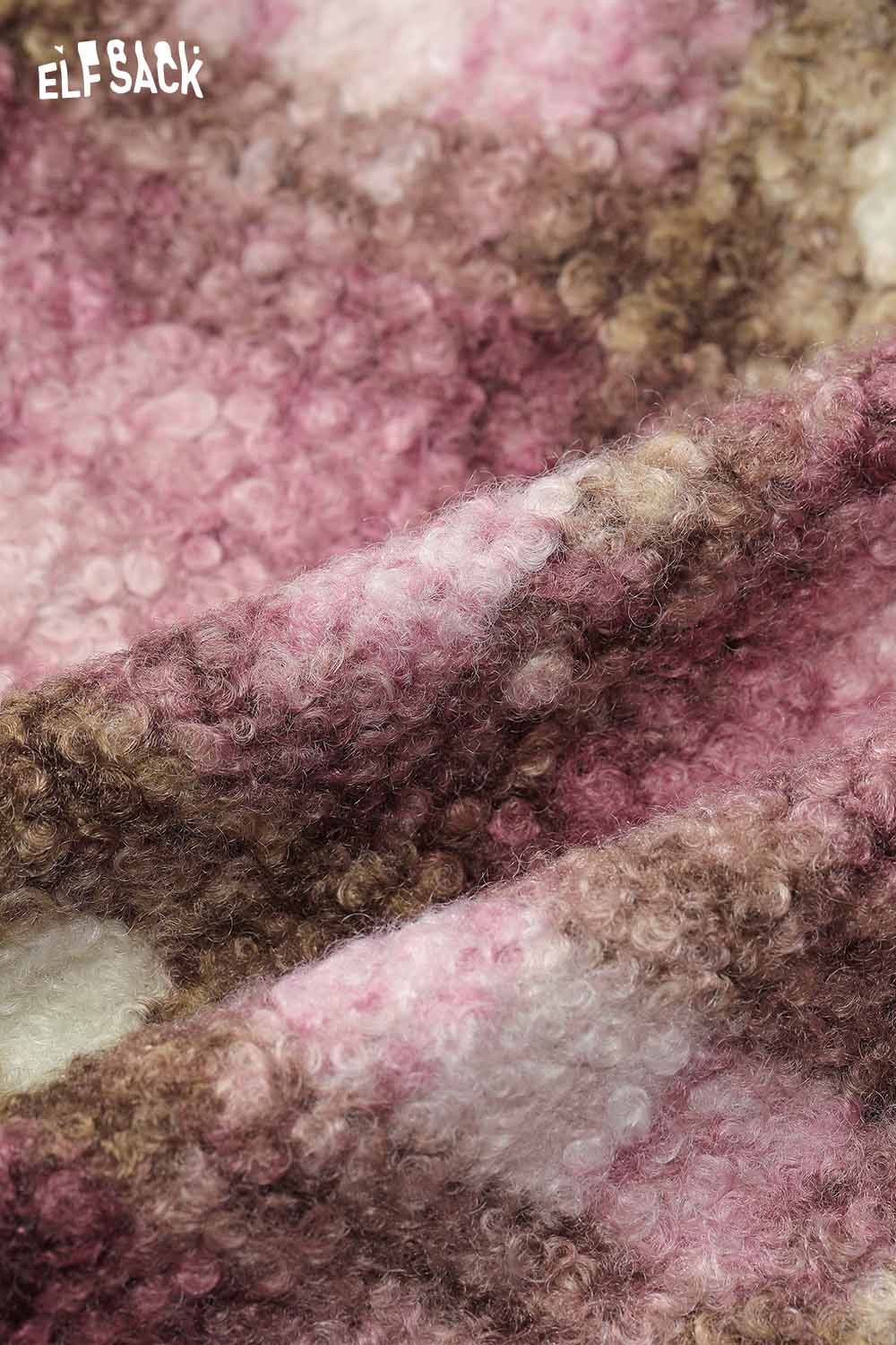 Close-up of soft fabric texture in fuzzy plaid coat for women by ELFSACK in pink and brown hues
