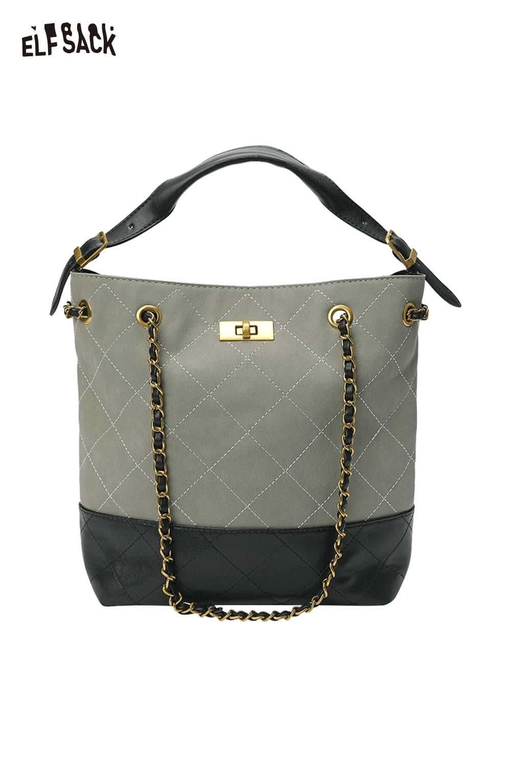 ELFSACK genuine leather bucket bag with quilted design and stylish chain strap in gray and black