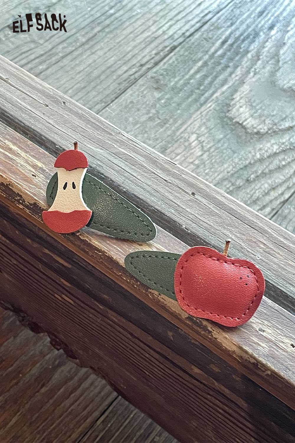 ELFSACK genuine leather fruit hairpin set featuring an apple and a quirky apple core design