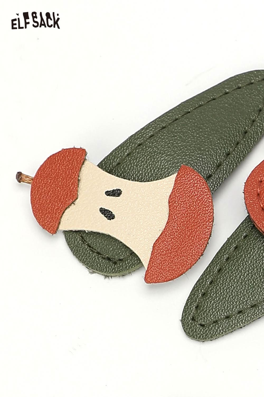 ELFSACK genuine leather fruit hairpin featuring a unique apple design in green and red colors