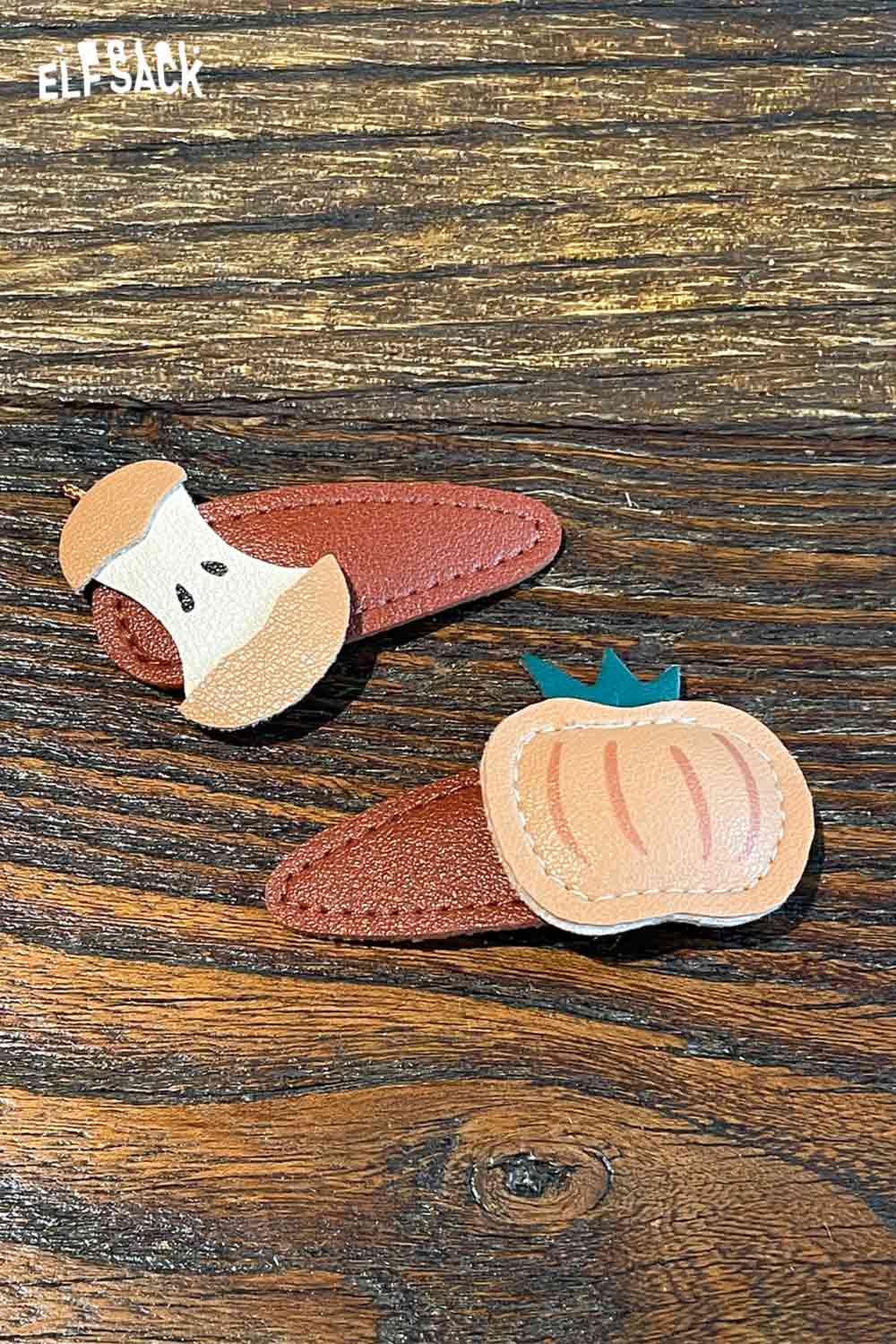 ELFSACK genuine leather fruit hairpin set featuring apple and pumpkin designs for stylish hair accessories