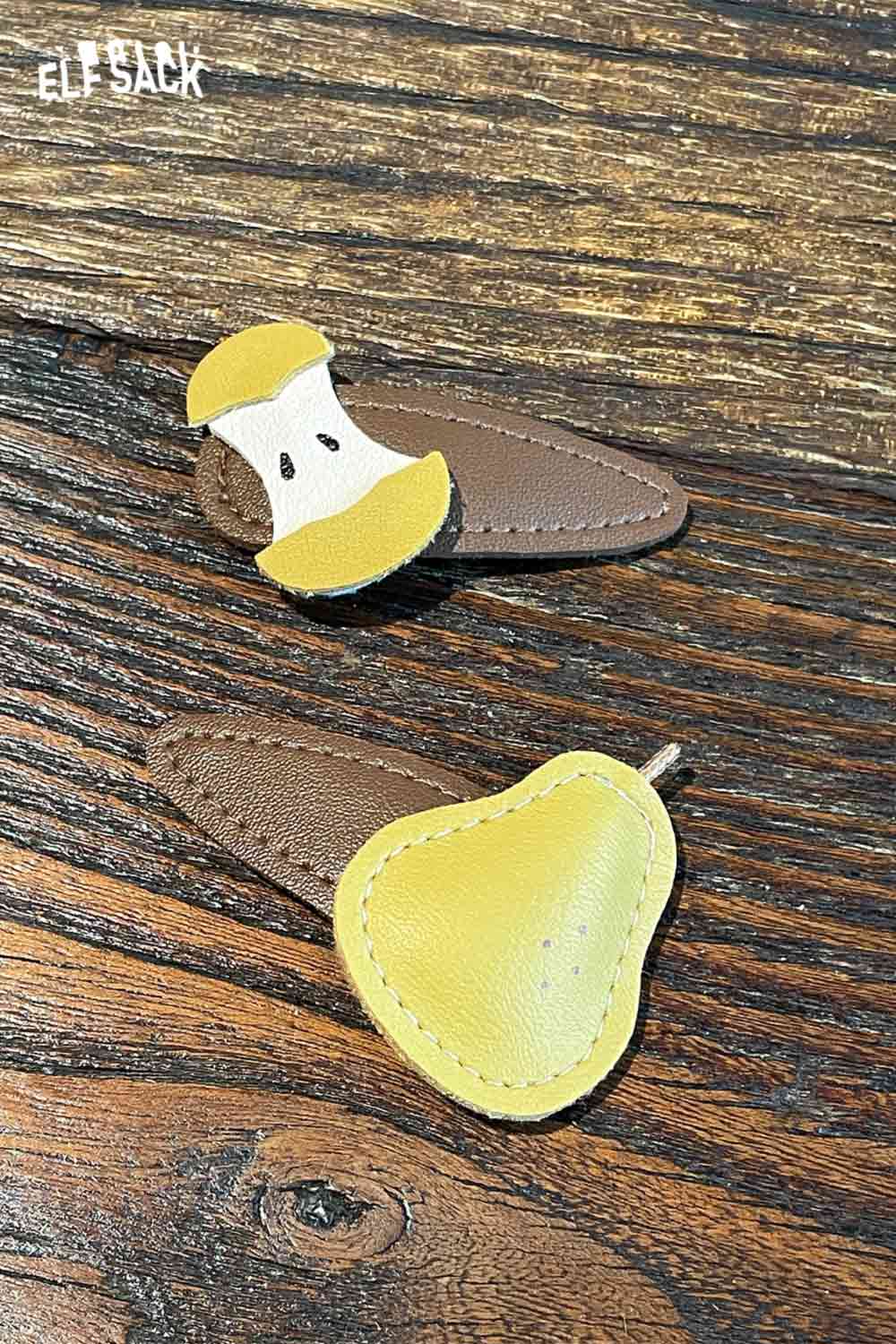 ELFSACK genuine leather fruit hairpin set featuring a pear and apple design on brown clips
