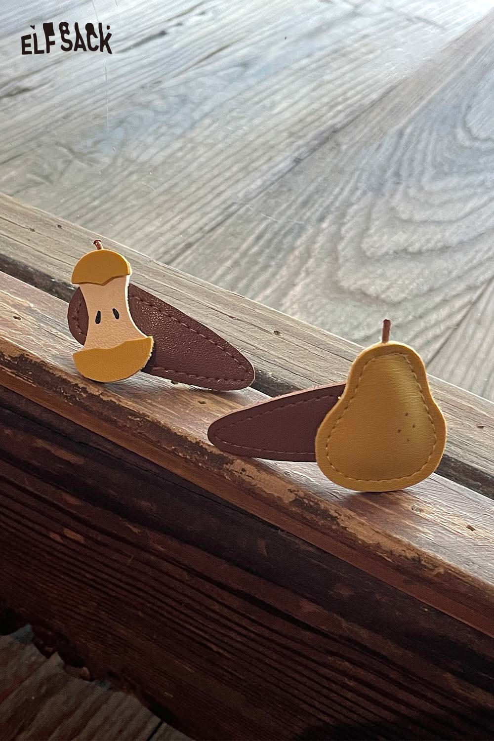 Genuine leather fruit hairpin set featuring a playful pear and apple design for trendy styling.