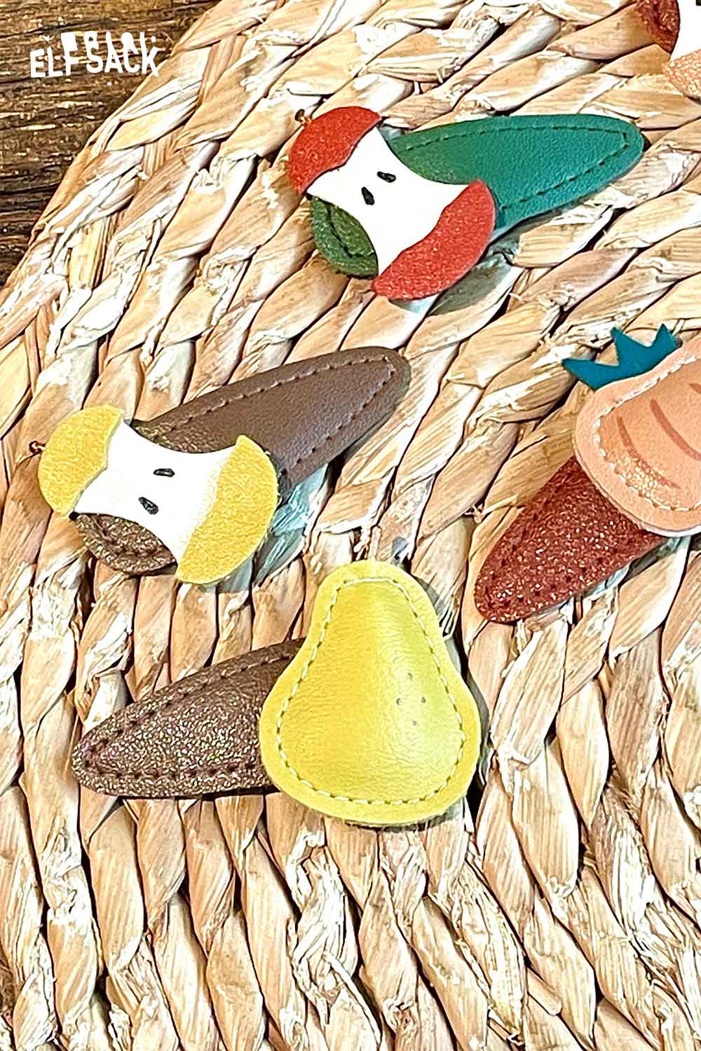 Colorful ELFSACK genuine leather fruit hairpin set featuring various fruit designs