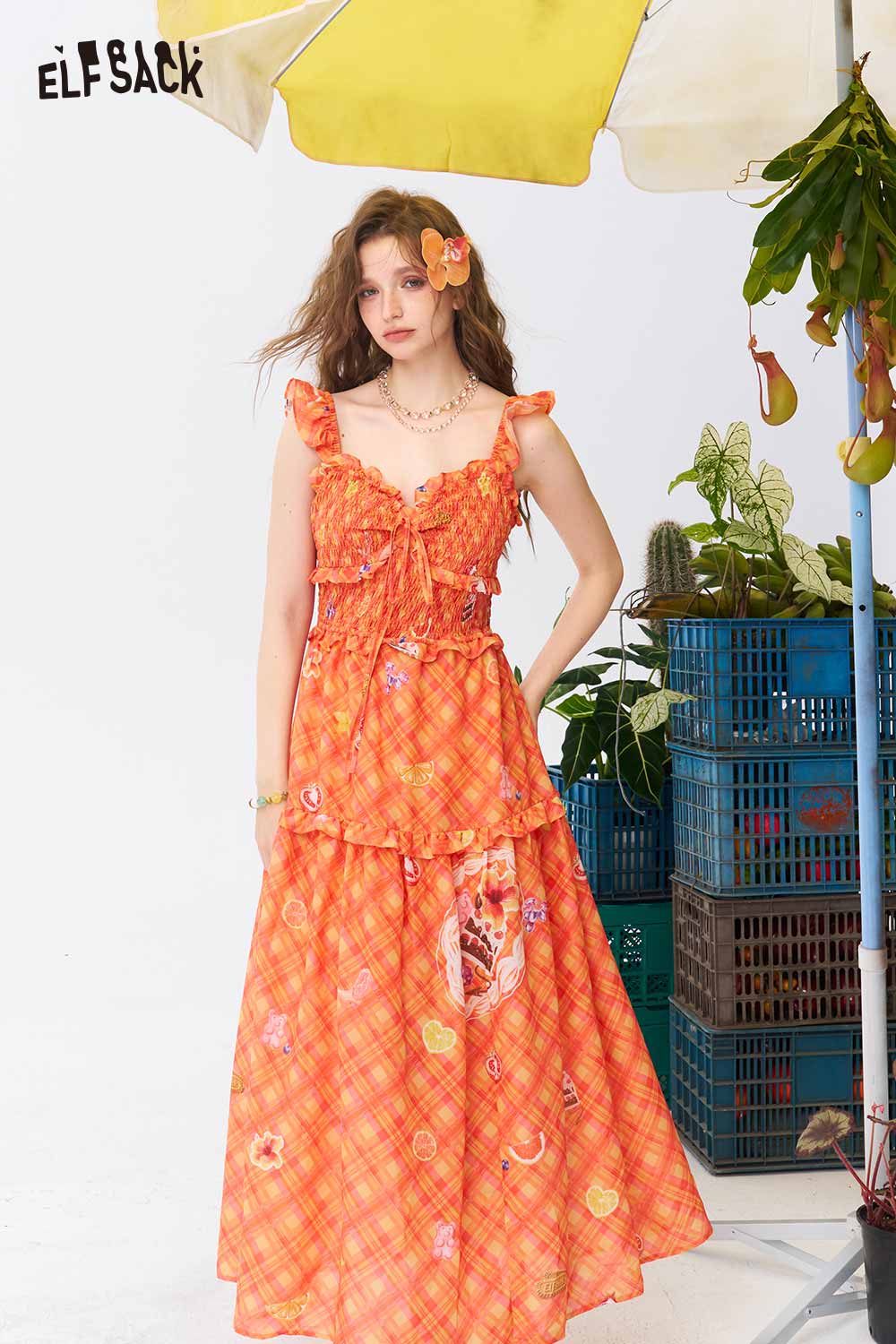 orange fruit print dress Gingham Tiered Slip – ELFSACK coverstitch hemline * Blank Size:W36/30 Key Hole Let's Have Sorbet Maxi
