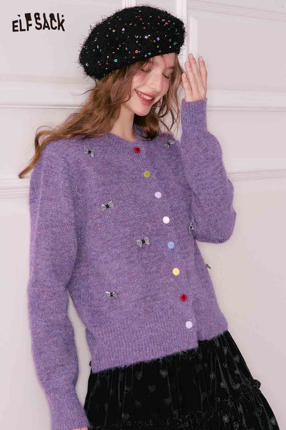 ELFSACK girly bow cardigan in purple with playful embellishments and soft, cozy texture