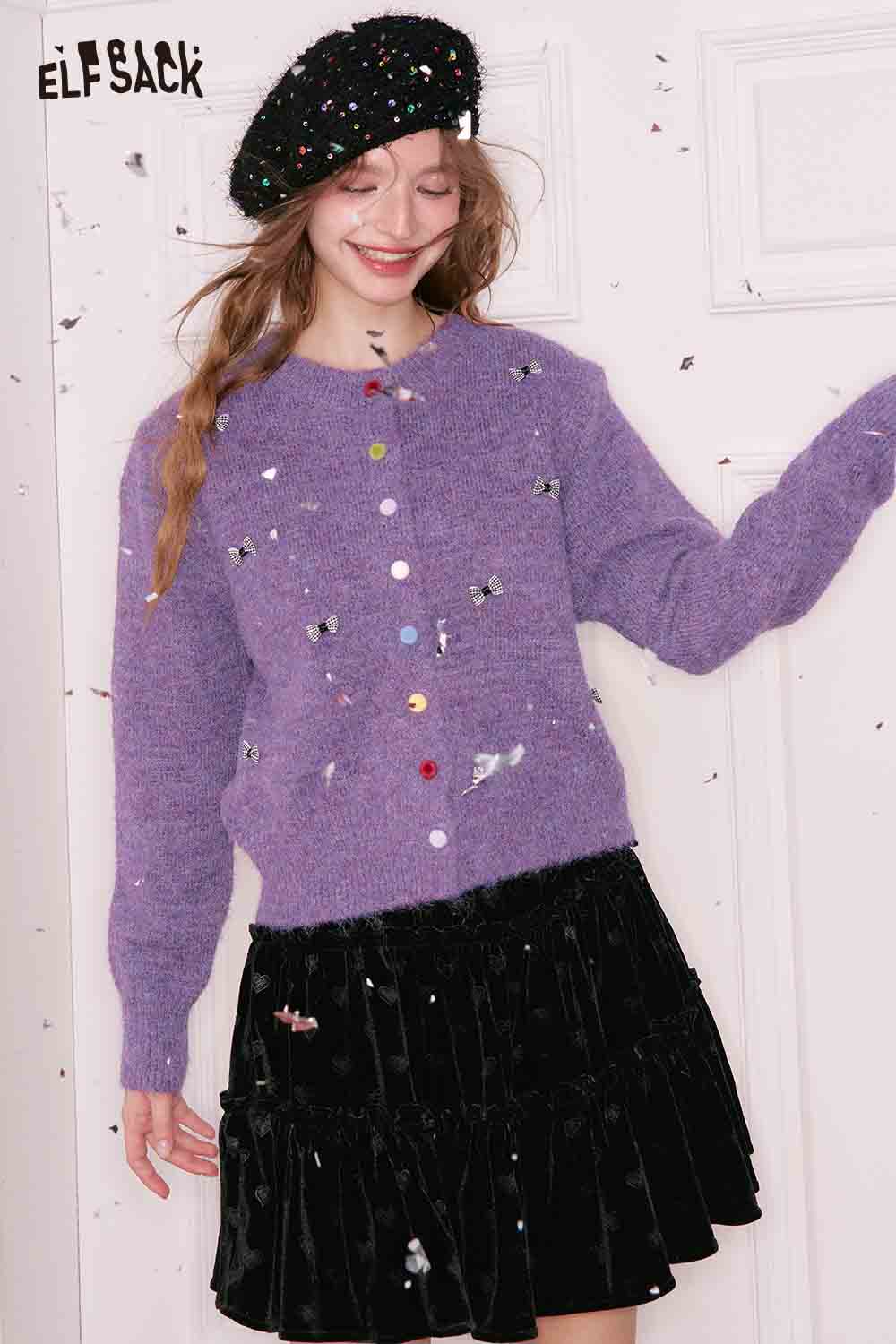 ELFSACK girly bow cardigan in purple with colorful buttons and a cozy fit for stylish layering