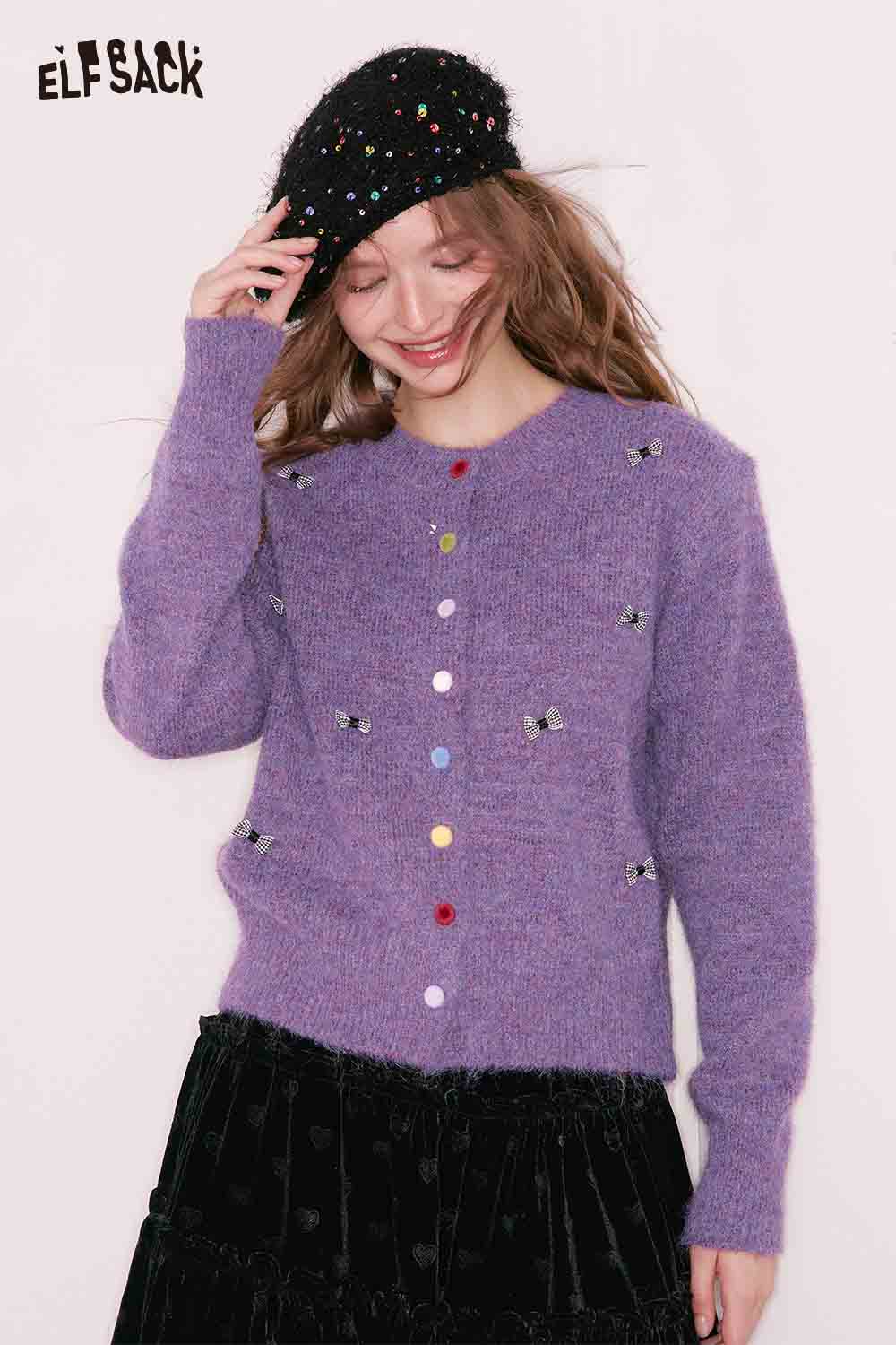 ELFSACK girly bow cardigan in lavender with colorful buttons and cute embellishments