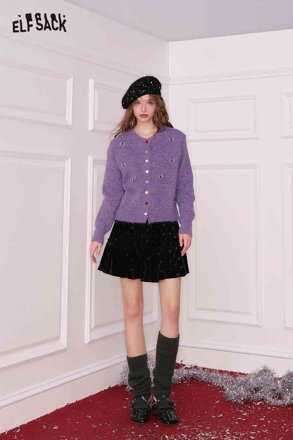 ELFSACK girly bow cardigan in purple with decorative buttons and soft knit design