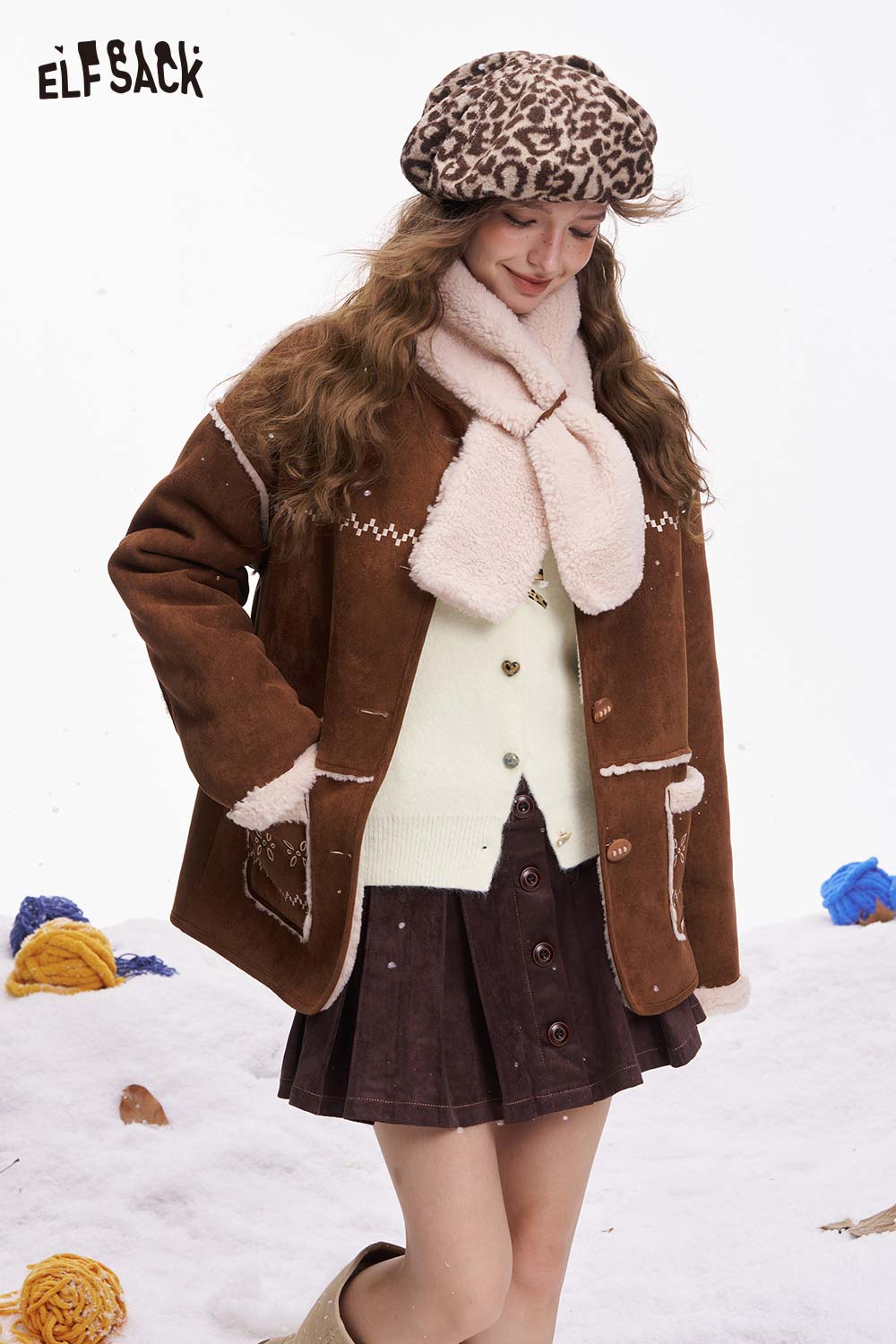 ELFSACK girly leopard bow cardigan in brown with cute bow detail and cozy style for a trendy look