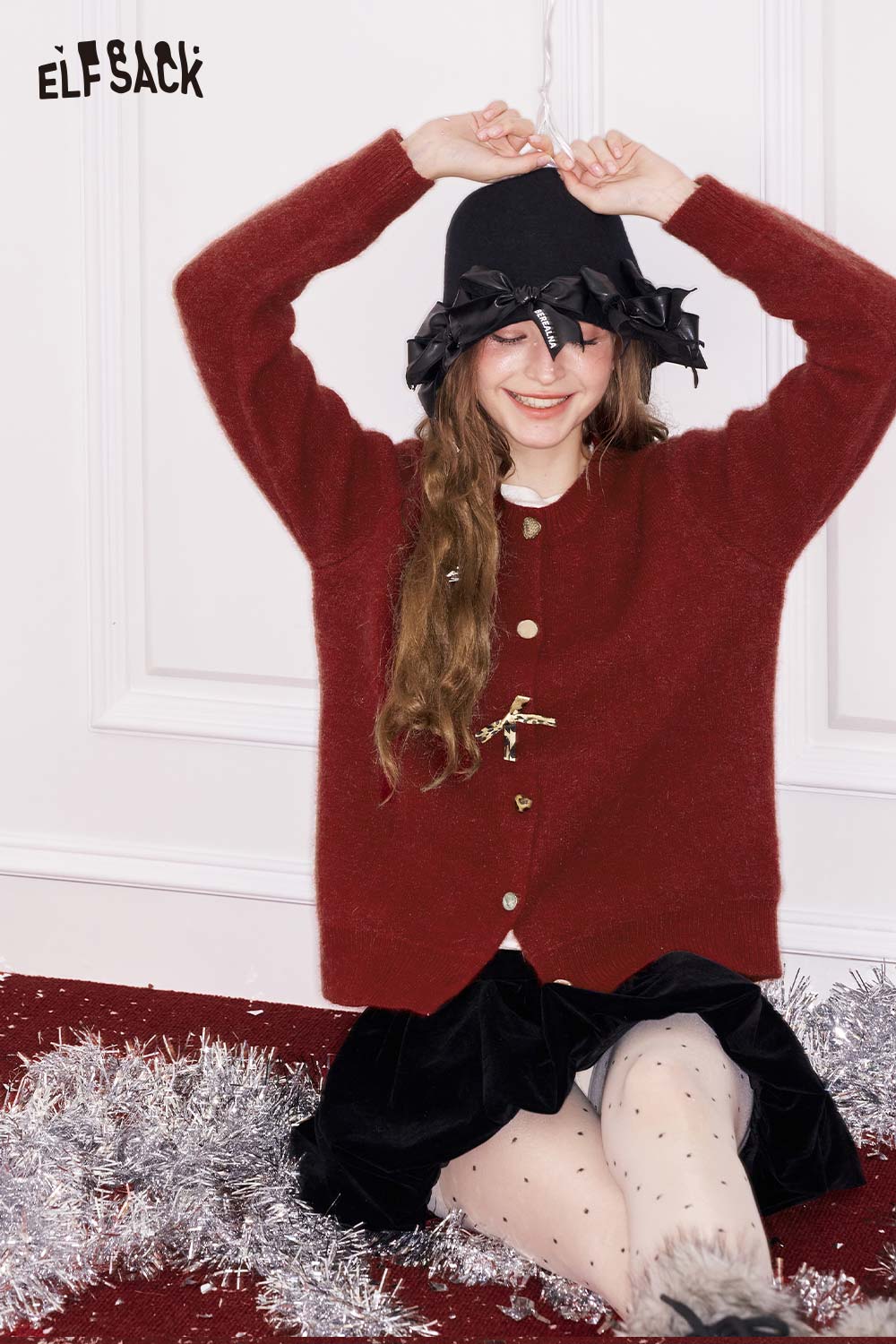 ELFSACK girly leopard bow cardigan in red with stylish buttons and cozy fit for trendy outfits