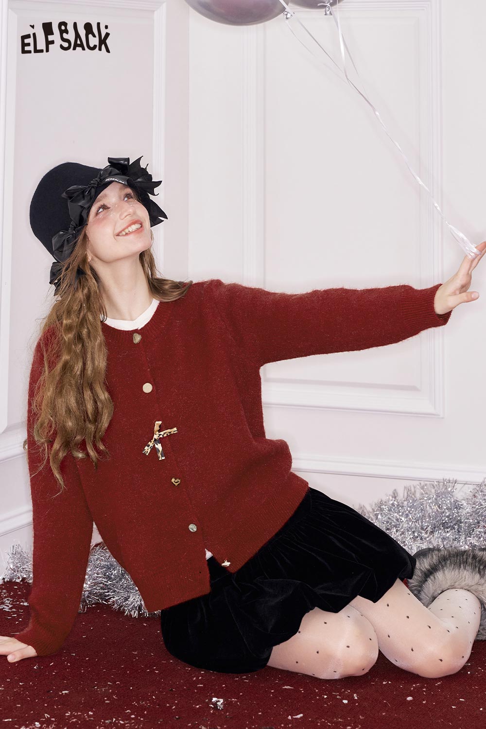 ELFSACK girly leopard bow cardigan in red with decorative buttons and a cozy fit