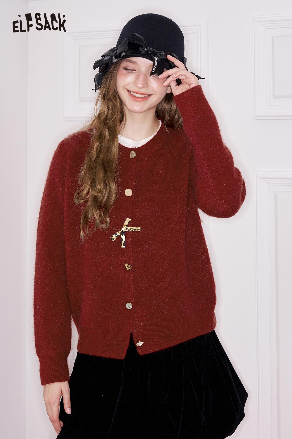 ELFSACK girly leopard bow cardigan in burgundy with button details and cozy style
