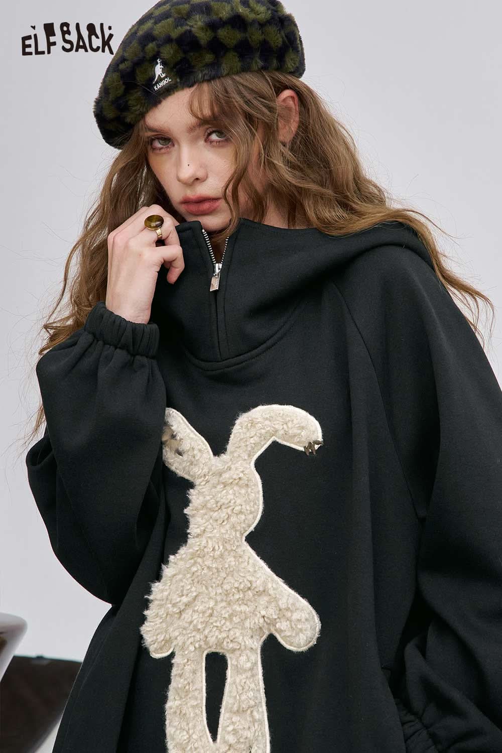 ELFSACK graphic party midi dress for women with fun bunny design and cozy hooded style