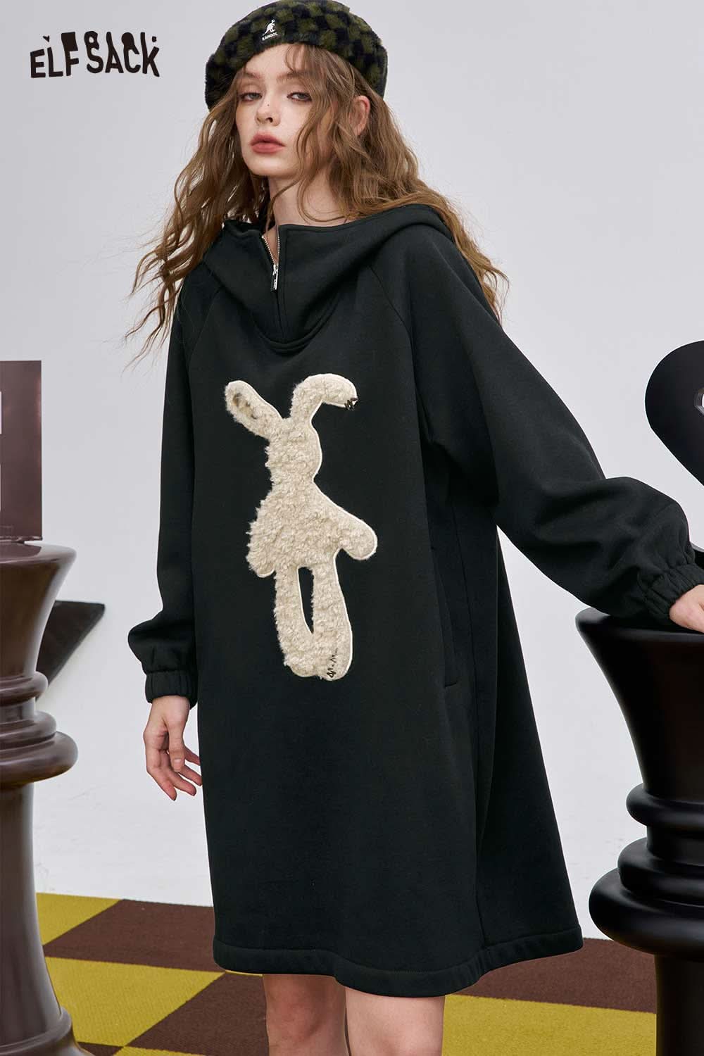 ELFSACK graphic party midi dress for women with a playful bunny design and cozy hooded style