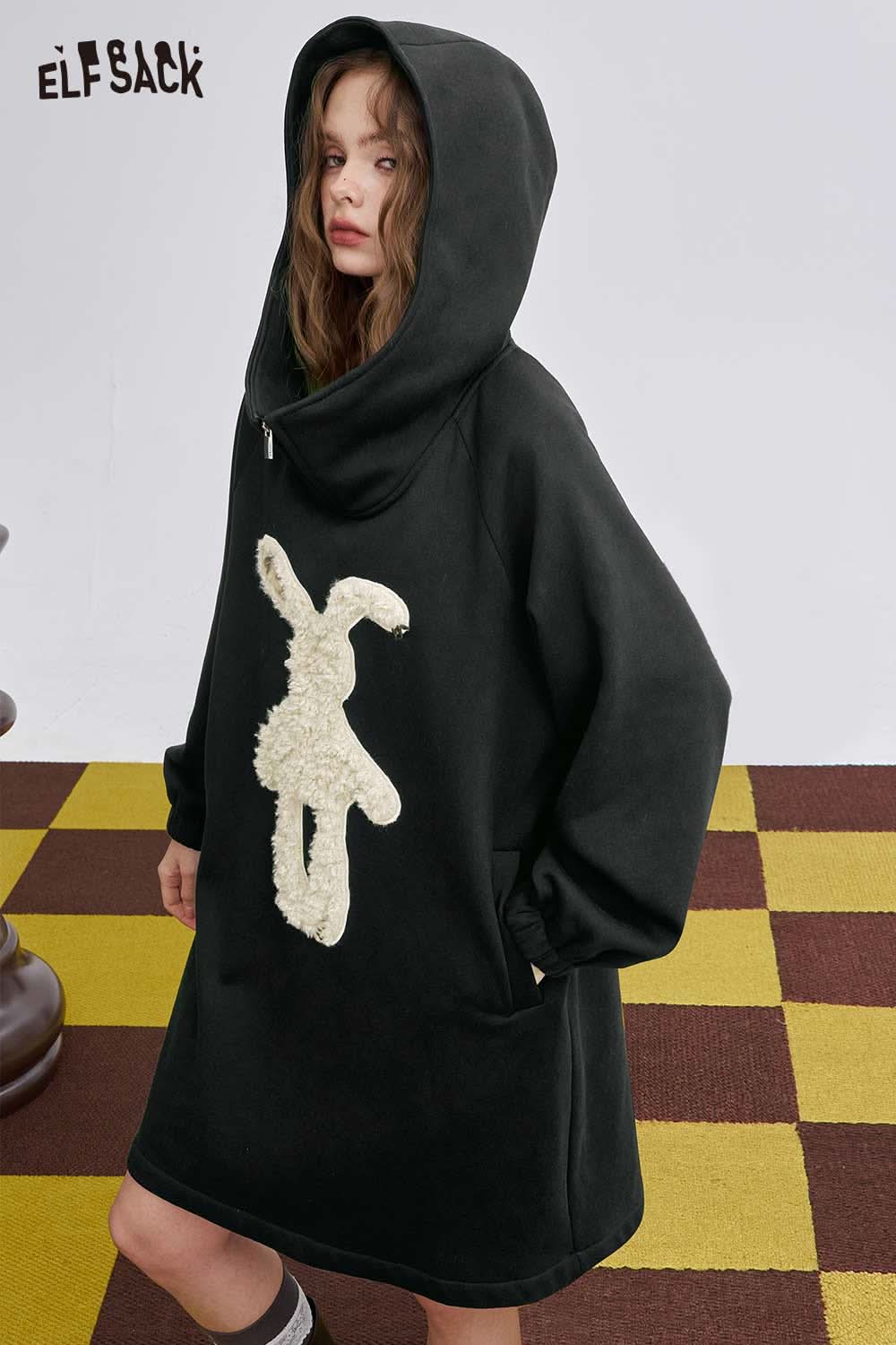 Black ELFSACK graphic party midi dress for women with a fuzzy bunny design and hooded style