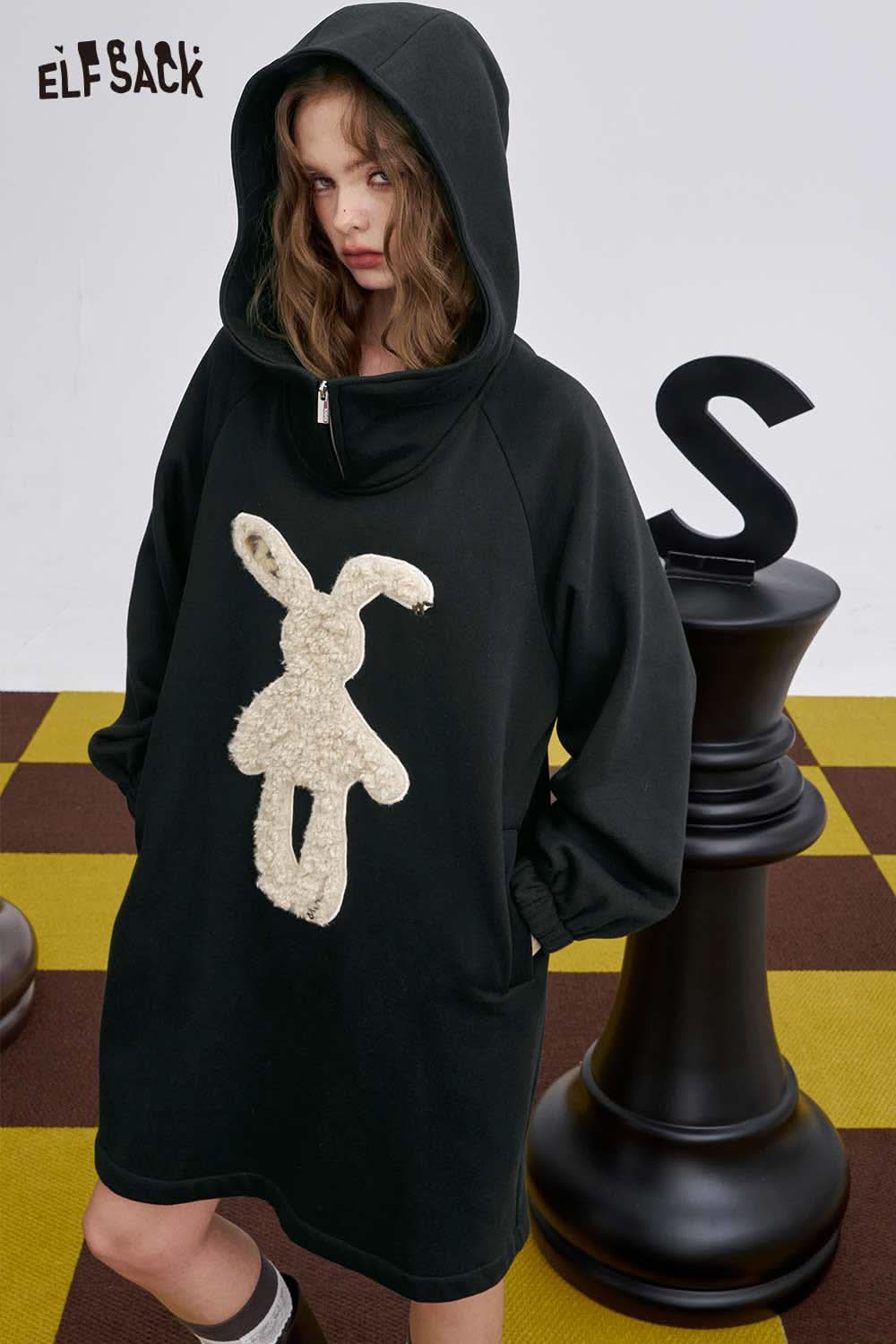 ELFSACK graphic party midi dress for women with a fun bunny design and cozy hooded style